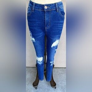 Stylish Blue Ripped Skinny Ankle Denim Jeans